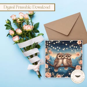 Tarjeta de felicitación de aniversario imprimible, tarjeta de mensaje en blanco cuadrada de 5 x 5 pulgadas, tarjeta de felicitación digital, tarjeta de felicitación de boda con búhos enamorados