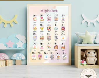 Printable English Alphabet Poster in Pink, Educational Digital Art, Digital Printable Download,Printable Wall Art, Home Education Wall Print