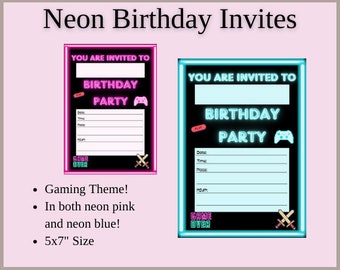 Invitaciones de cumpleaños azul neón Fiesta de cumpleaños Invitaciones a fiestas Invitaciones a videojuegos en negro y azul neón