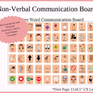 Puede incluir: Un tablero de comunicación colorido con 60 palabras y frases básicas, que incluyen emociones, colores y formas. El tablero está diseñado para la comunicación no verbal y mide 11 pulgadas por 8,5 pulgadas.