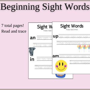 Könnte beinhalten: Ein druckbares Arbeitsblatt zum Erlernen von Anfangs-Sichtwörtern. Das Arbeitsblatt enthält die Wörter "an", "up", "in" und "am" mit Übungslinien und Illustrationen. Der Text "Sight Words Trace, read, write" befindet sich oben auf der Seite.