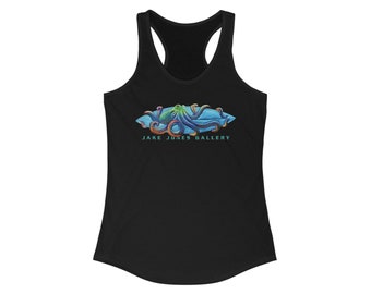 Jake Jones Gallery Octopus Wrapped Surfboard Logo Women's Racerback Tank Top Shirt (artwork from actual, hand-carved surfboards)