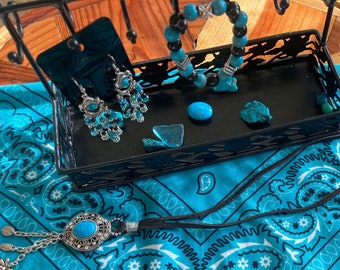 Turquoise and Leather Necklace Earrings and 2 Bracelets Set