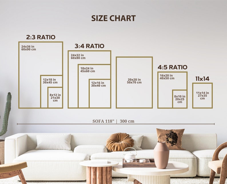May include: A size chart for wall art, showing different sizes and ratios for a sofa that is 118 inches or 300 centimeters long. The chart shows the dimensions in inches and centimeters for each size.