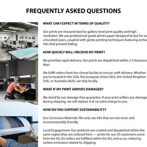 May include: Frequently Asked Questions about print quality, delivery time, damage-free guarantee, and sustainability practices. The text mentions using archival inks, gicl&eacute;e printing techniques, and eco-conscious materials.