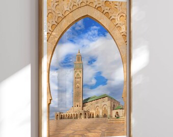 Impresión de Marruecos, Casablanca, Mezquita de Hassan II, Arte de la pared marroquí, Foto, Cartel de arquitectura geométrica, Fotografía de bellas artes