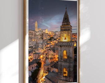 Matera Travel Photo Print, Matera Poster, Matera Cityscape Twilight, Travel Posters, Italy Wall Art, Home Decor, Fine Art Photography