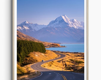 Aoraki Mount Cook, Impresión fotográfica de Nueva Zelanda, Cartel de viaje, Arte de la pared de Nueva Zelanda, Lago Pukaki, Regalo de viaje, Regalo de inauguración de la casa, Decoración del hogar