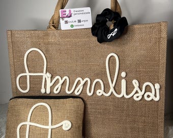 Jute-Tasche – Personalisierte Tasche und Clutch – Strand-Set – Strandtasche – Personalisierte Tasche – Tragetasche – Jersey-Tasche mit Namen
