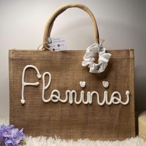 Personalisierter Jutebeutel aus Naturjute, handgefertigt mit Tricotinseil - Jutetasche - Personalisierte Jutetasche - Strandtasche - Brautjungferntasche