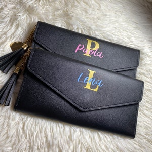 Portafoglio Lettera Personalizzato, portafoglio sottile con nome, porta carte, regalo personalizzato, porta carte ciondolo cuore e nappina