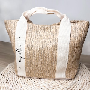 Sac fourre-tout en jute personnalisé - Sac en paille personnalisé - Sac de plage - Sac pour femme personnalisé - Sac fourre-tout de plage