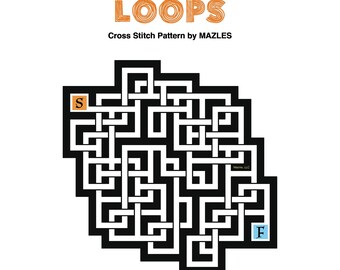 Padrão de ponto cruz em PDF Loops da Mazles, quebra-cabeça labirinto Stitch 'N' Solve com solução opcional.
