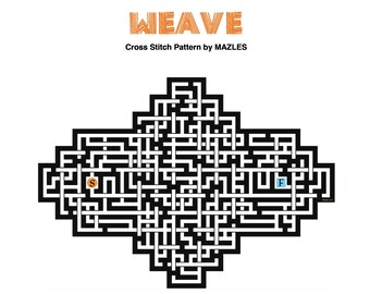 Padrão de ponto cruz em PDF da Mazles, quebra-cabeça labirinto "Costure e Resolva" com solução.