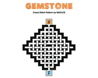 Padrão de ponto cruz em PDF de pedras preciosas da Mazles, quebra-cabeça labirinto "Costure e Resolva" com solução opcional.