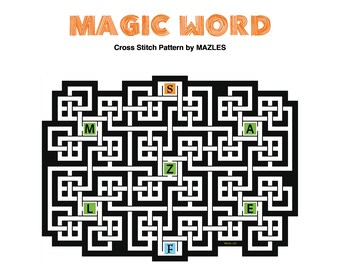 Padrão de Ponto Cruz em PDF "Palavra Mágica" da Mazles, Quebra-cabeça Labirinto "Costure e Resolva" com Solução Opcional