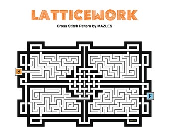 Padrão de ponto cruz em PDF "Latticework" da Mazles, quebra-cabeça de labirinto "Stitch 'N' Solve" com solução opcional.