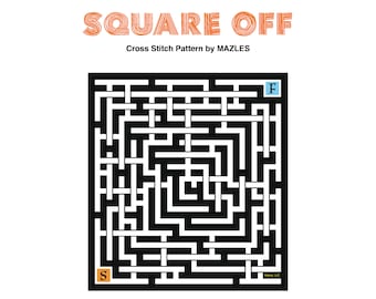 Padrão de ponto cruz em PDF "Square Off" da Mazles, quebra-cabeça de labirinto "Stitch 'N' Solve" com solução opcional.