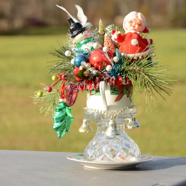 Kitsch Christmas ARRANGEMENT | Vintage Ornaments and Knick Knacks Holiday Centerpiece | Mrs. Claus Assemblage Table Top Display | Xmas Decor