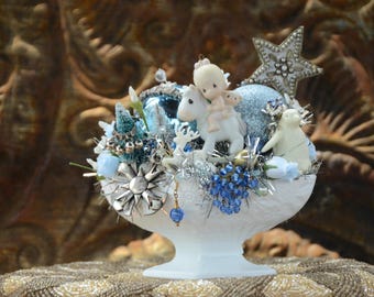 Vintage Christmas Centerpiece Assemblage | Precious Moments Figurine, Bottle Brush Trees, Milk Glass, Ornaments | Patina Blue