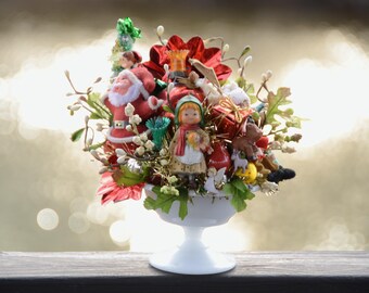 Vintage Christmas ASSEMBLAGE ARRANGEMENT | Santa and Dutch Girl Floral Design | Vintage Ornaments and Knick Knacks Holiday Centerpiece |