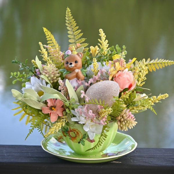 Teacup FLOWER ARRANGEMENT Centerpiece | Bouquet in Teacup | Assemblage Art in Cup and Saucer | Spring Centerpiece |Mother's Day Gift Flowers