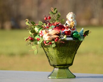 Christmas Centerpiece | Vintage Ornaments and Knick Knacks Holiday Display | Christmas Vintage Arrangement in Dish