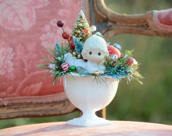 Christmas CENTERPIECE Precious Moments | Bottle Brush Floral Arrangement in Milk Glass Dish | Holiday Display Vintage Vignette | Xmas Decor