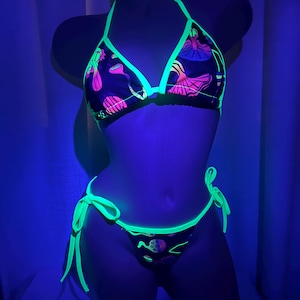Green Psychedelic Mushroom UV Glow Print Bikini Rave Outfit S