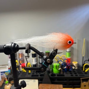 May include: A white and orange fly fishing lure with a red eye, tied on a fly tying vise.