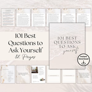 Puede incluir: Una descarga digital de 101 preguntas de autorreflexión para hacerse, divididas en categorías como crecimiento personal, propósito de vida, atención plena, relaciones y autodescubrimiento. La portada presenta una escena de playa con el texto "101 Best Questions to Ask Yourself" y "82 Pages".