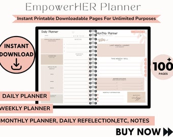 EmpowerHER Planner, Pink Planner, Ipad Planner, Printable Planner, Monthly Planner, Weekly Planner, Daily Planner, Notes, Daily Reflection,
