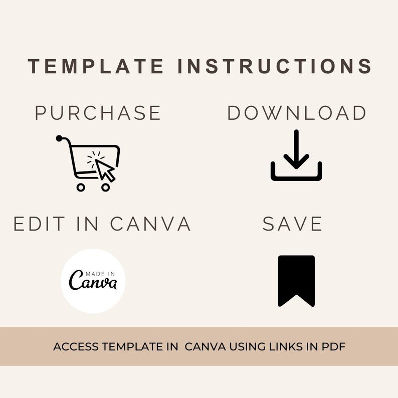 May include: A black and white graphic illustration of instructions for purchasing, downloading, editing, and saving a template. The text reads "TEMPLATE INSTRUCTIONS", "PURCHASE", "DOWNLOAD", "EDIT IN CANVA", "SAVE", "MADE IN Canva", and "ACCESS TEMPLATE IN CANVA USING LINKS IN PDF".