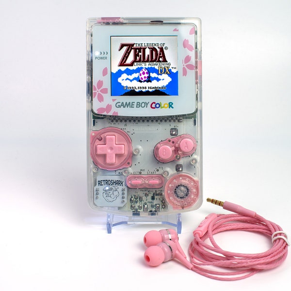 Custom Pink/White Game Boy Color IPS Original Size - LED Battery Level Indicator & Matching Earphones - Optional Mods