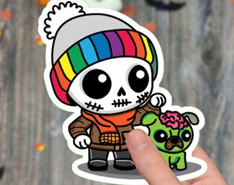 Adesivo carino kawaii LGBTQ Pride di Halloween / Adesivo adesivo Gay Pride / Adesivo olografico gay / Adesivo in vinile impermeabile / Animale domestico zombi Pug