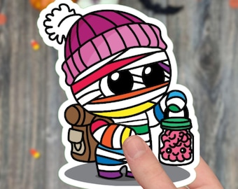Adesivo carino kawaii LGBTQ Pride di Halloween / Adesivo adesivo Gay Pride / Adesivo olografico gay / Adesivo in vinile impermeabile / Barattolo di mummia di cervelli
