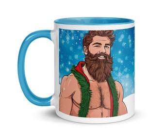 Tazza da caffè Gay Pride - Tazza festiva con Babbo Natale Hunky - Tazza da caffè in ceramica festosa - Design allegro di Babbo Natale - Bordo colorato - Regalo festivo