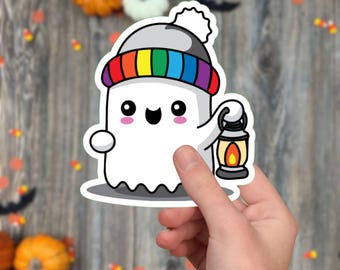 Cute Ghost Halloween LGBTQ Pride Sticker | Gay Pride Sticker Decal | Gay Holographic Sticker | Waterproof Vinyl Decal | Queer Ghost