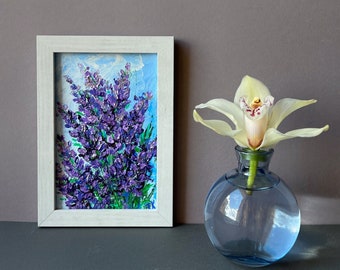 Original Miniature Acrylic Floral Painting Lavender Flower in Bloom Textured Artwork Purple Tiny WallArt Provence Decor Unique Birthday Gift