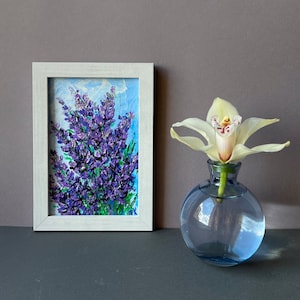 Original Miniature Acrylic Floral Painting Lavender Flower in Bloom Textured Artwork Purple Tiny WallArt Provence Decor Unique Birthday Gift