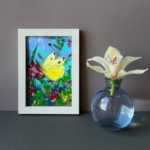 Original Tiny Oil Painting Yellow Butterfly on Pink Flowers Vibrant Nature-Inspired Art Floral Wall Decor Unique Small Wall Art Women Gift