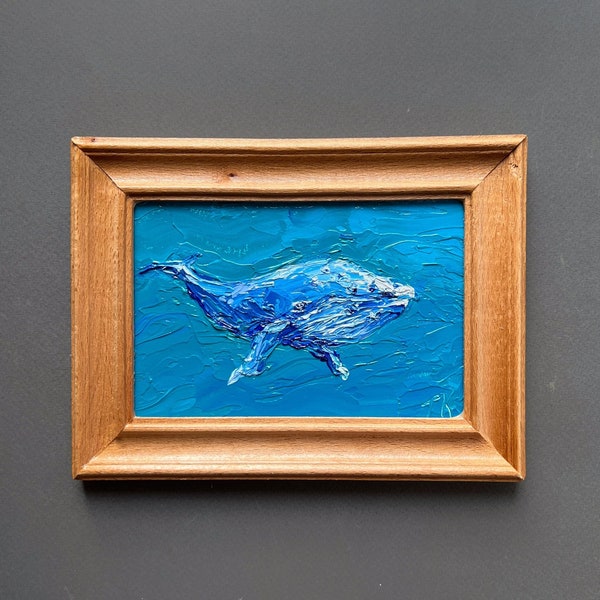 Original Humpback Whale Miniature Oil Painting - Blue Ocean Nursery Decor, 4x6 Tiny Textured Gift for Baby & Kids Art Marine