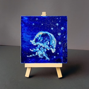 Original Mini Oil Painting Luminous Jellyfish Dark Sea Glow in the Dark Art Ocean Wall Art Nursery Wall Decor Unique Kids Gift Nature Lover