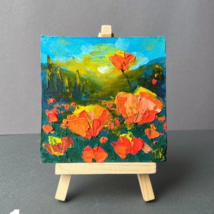 Miniature Original Acrylic Flower Landscape Painting + Mini Easel California Golden Poppy Floral Sunset Art Palette Knife Decor Unique Gift
