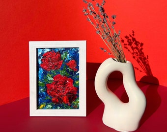 Original Impressionist Red Roses Tiny Oil Painting Floral Impasto Palette Knife Wall Art Miniature Textured Flower Decor Unique Gift for Her