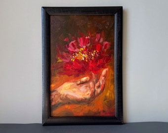 Abstract Floral Oil Painting Heartfelt Symbol Red Flower Palm Original Small Art Unique Gift Handpainted Wall Decor Symbolic Open Heart Art
