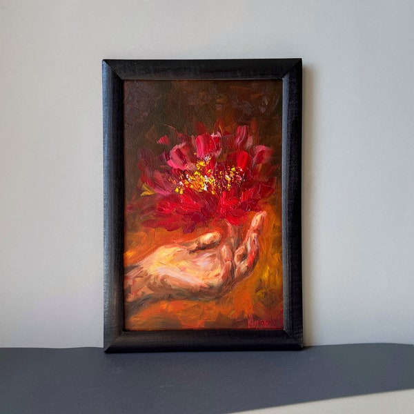 Abstract Floral Oil Painting Heartfelt Symbol Red Flower Palm Original Small Art Unique Gift Handpainted Wall Decor Symbolic Open Heart Art