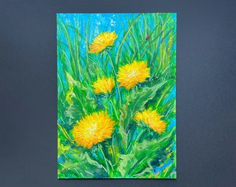 Original Small Floral Acrylic Painting Five Yellow Dandelions with Red Ladybug Spring Decor Unique Mother's Day Gift Flower Decor Kids Room