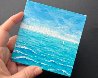 Miniature Original Hand Painted Acrylic Painting Sailboats Regatta Ocean Seascape Nautical Mini Blue Decor Wall Art Unique Gift