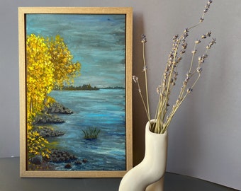 Golden Autumn River Landscape Original Acrylic Painting Cityscape Wall Art Small Decor Unique Nature Lover Gift